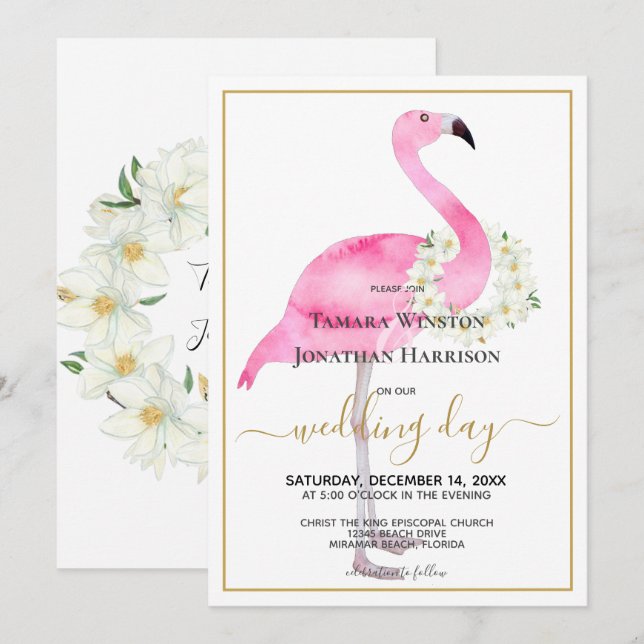 Tropical Pink Flamingo Magnolias Beach Wedding Invitation (Front/Back)