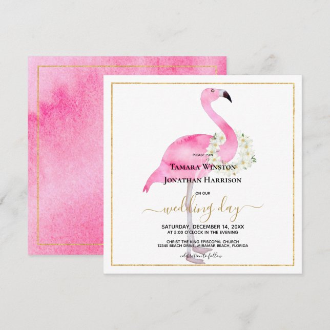 Tropical Pink Flamingo Magnolias Beach Wedding Invitation (Front/Back)