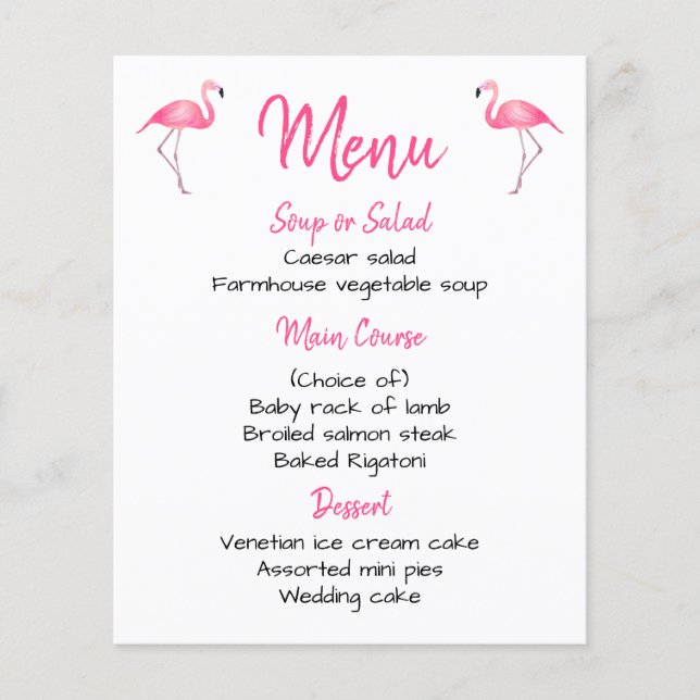 Tropical Pink Flamingo Menu Wedding Bridal Shower (Front)