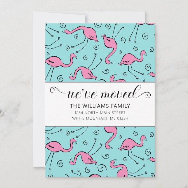 Tropical Pink Flamingo on Aqua Moving Announcement (Front)