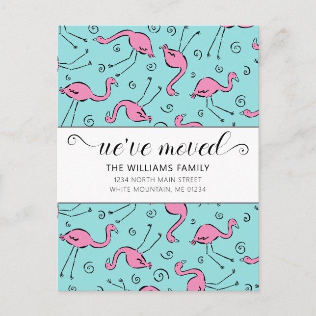 Tropical Pink Flamingo on Aqua Moving Announcement Postcard (Front)