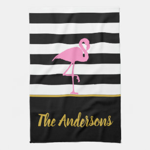 Tropical Pink Flamingo on Black and White Stripes Tea Towel