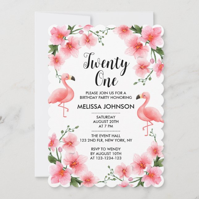 Tropical Pink Flamingo Orchid Flora 21st Birthday Invitation (Front)