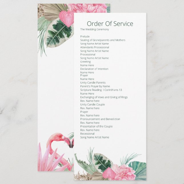 Tropical Pink Flamingo Order of Service Wedding Invitation (Front/Back)