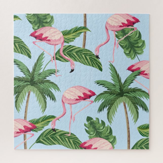 Tropical Pink Flamingo Pattern Jigsaw Puzzle (Vertical)