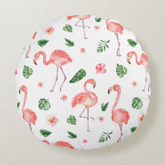 Tropical Pink Flamingo Pattern Round Cushion