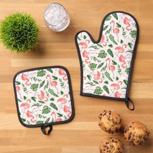 Tropical Pink Flamingo Pattern v2 Oven Mitt & Pot Holder Set (Top Down)