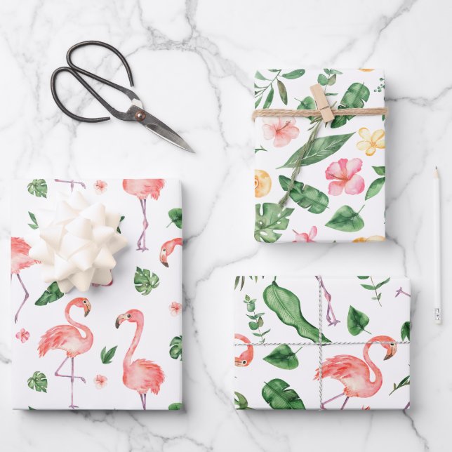 Tropical Pink Flamingo Pattern Wrapping Paper Sheet (Front)