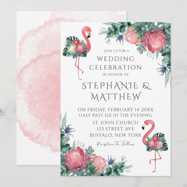 Tropical Pink Flamingo Peony Floral Wedding Invitation (Front/Back)