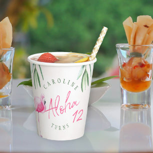 Tropical pink flamingo personalised birthday party paper cups