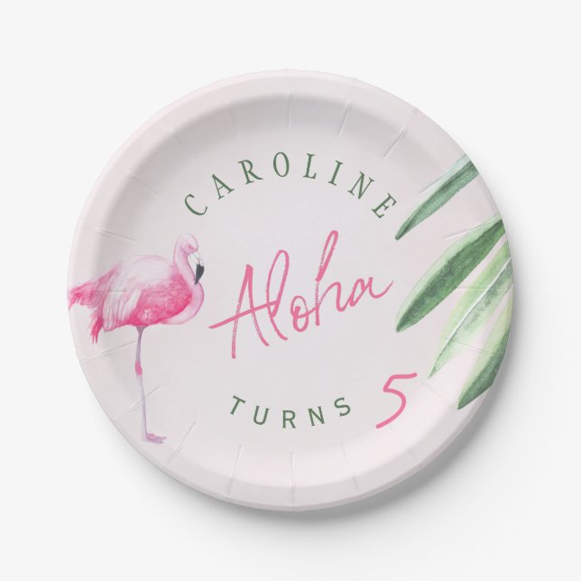 Tropical pink flamingo personalised birthday party paper plate (Front)