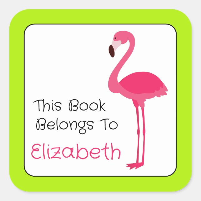 Tropical Pink Flamingo Personalised Bookplate Square Sticker (Front)