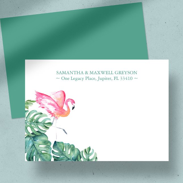 Tropical Pink Flamingo Personalised Stationery Card (Custom note cards tropical watercolor pink flamingo and palm leaves art by Victoria Grigaliunas)