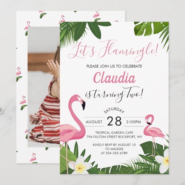 Tropical Pink Flamingo Photo Birthday Invitation (Front/Back)