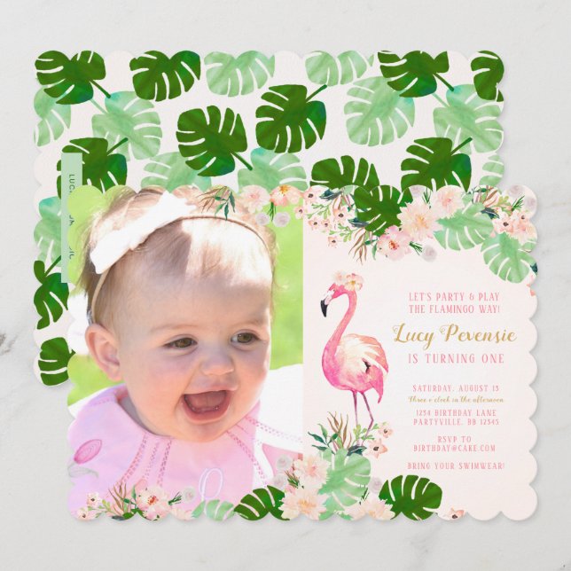 Tropical Pink Flamingo Photo Birthday Invite (Front/Back)