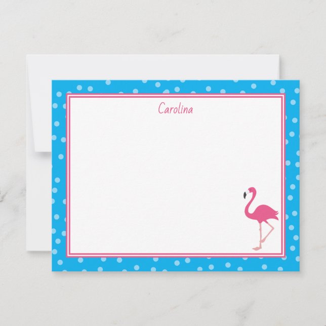 Tropical Pink Flamingo Polka Dots Blue Stationery Card (Front)