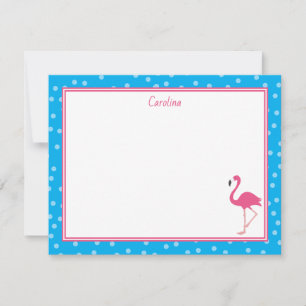Tropical Pink Flamingo Polka Dots Blue Stationery Card