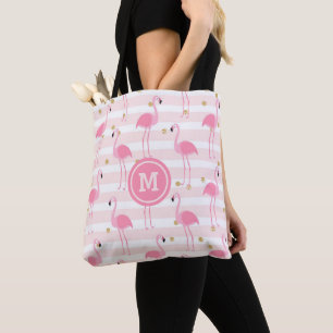 Tropical Pink Flamingo Stripe Monogram Tote Bag