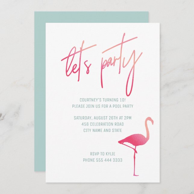 Tropical pink flamingo summer pool party invite (Front/Back)
