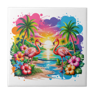 Tropical Pink Flamingo Sunset Paradise Art Tile
