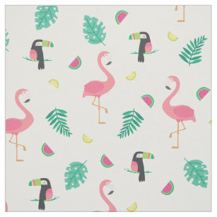 Tropical pink flamingo toucan watermelon leaves fabric