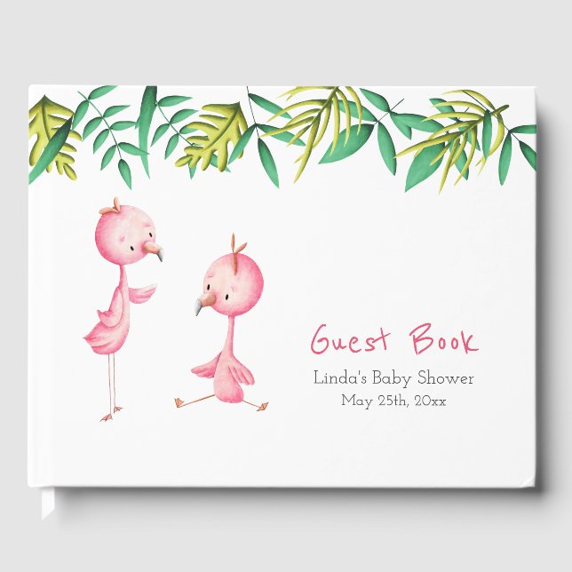 Tropical Pink Flamingo Tropical Baby Shower Guest Book (Front)