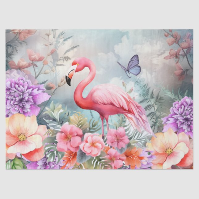 Tropical Pink Flamingo & Watercolor Florals Tissue Paper (Front)