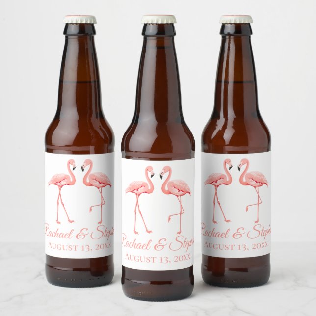 Tropical Pink Flamingo Wedding Bridal Shower Beach Beer Bottle Label (Bottles)