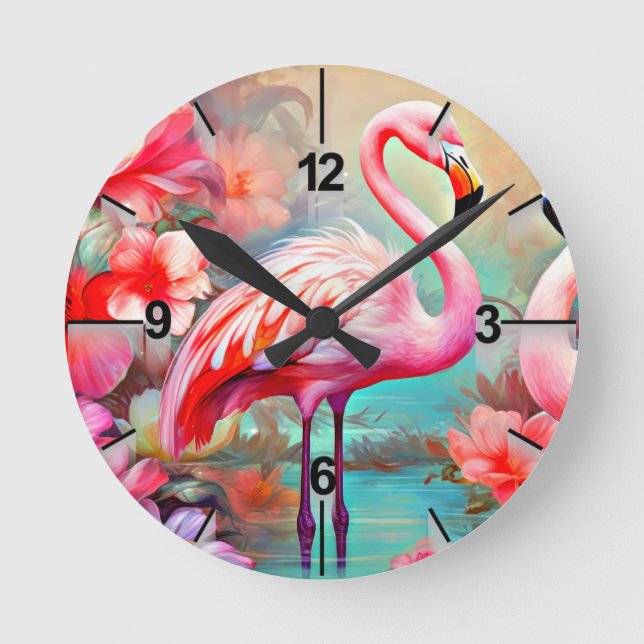Tropical Pink Flamingo with Flowers-87361 Round Clock (Front)