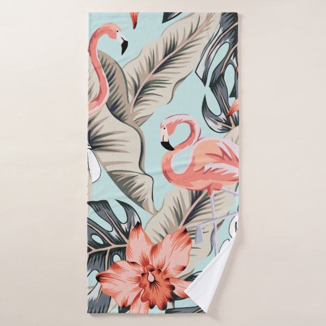 Tropical pink flamingo with orchid flowers and lea bath towel (Bath Towel)