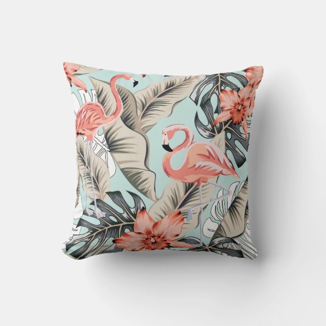 Tropical pink flamingo with orchid flowers and lea cushion (Front)