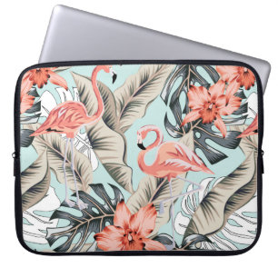 Tropical pink flamingo with orchid flowers and lea laptop sleeve