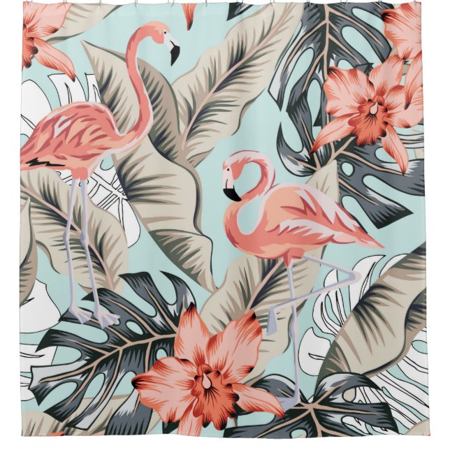 Tropical pink flamingo with orchid flowers and lea shower curtain (Front)