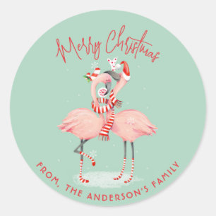 Tropical Pink Flamingo With Santa Hats Christmas Classic Round Sticker