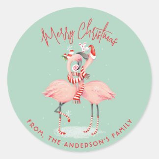 Tropical Pink Flamingo With Santa Hats Christmas Classic Round Sticker