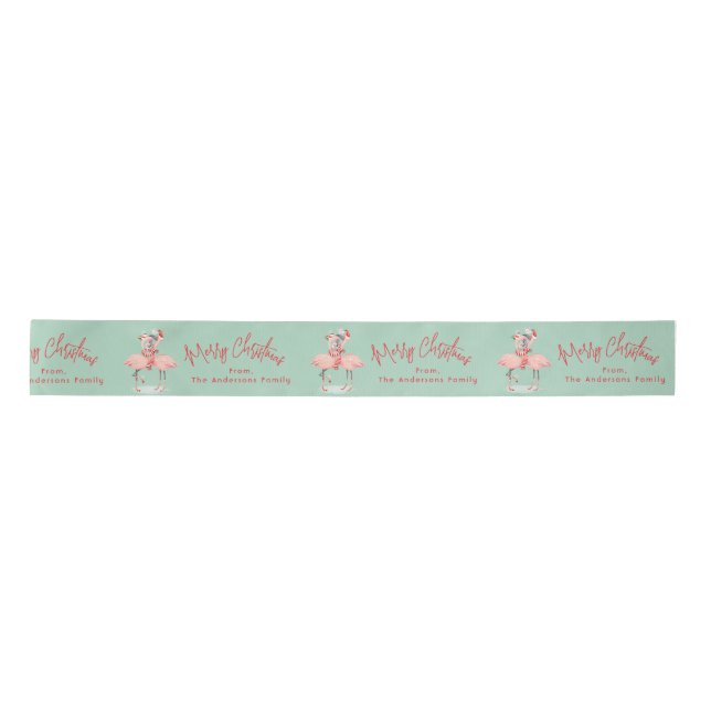Tropical Pink Flamingo With Santa Hats Christmas Satin Ribbon (Front)