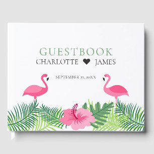 Tropical Pink Flamingos Colourful Flowers Wedding Guest Book