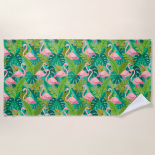Tropical Pink Flamingos Jungle Foliage Beach Towel
