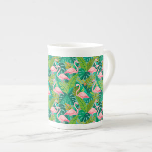 Tropical Pink Flamingos Jungle Foliage Bone China Mug