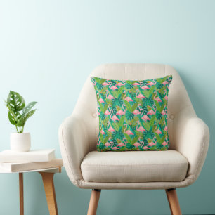 Tropical Pink Flamingos Jungle Foliage Cushion