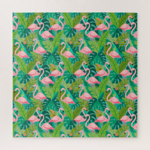 Tropical Pink Flamingos Jungle Foliage Jigsaw Puzzle