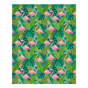 Tropical Pink Flamingos Jungle Foliage Poster