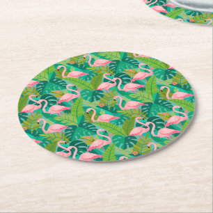 Tropical Pink Flamingos Jungle Foliage Round Paper Coaster