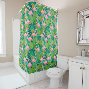 Tropical Pink Flamingos Jungle Foliage Shower Curtain