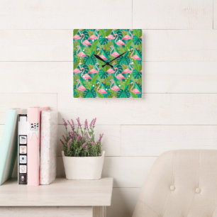 Tropical Pink Flamingos Jungle Foliage Square Wall Clock