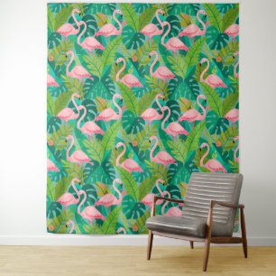 Tropical Pink Flamingos Jungle Foliage Tapestry