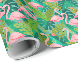 Tropical Pink Flamingos Jungle Foliage Wrapping Paper