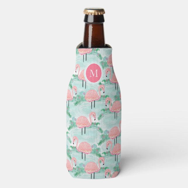 Tropical Pink Flamingos Lagoon Personalised Bottle Cooler (Bottle Front)