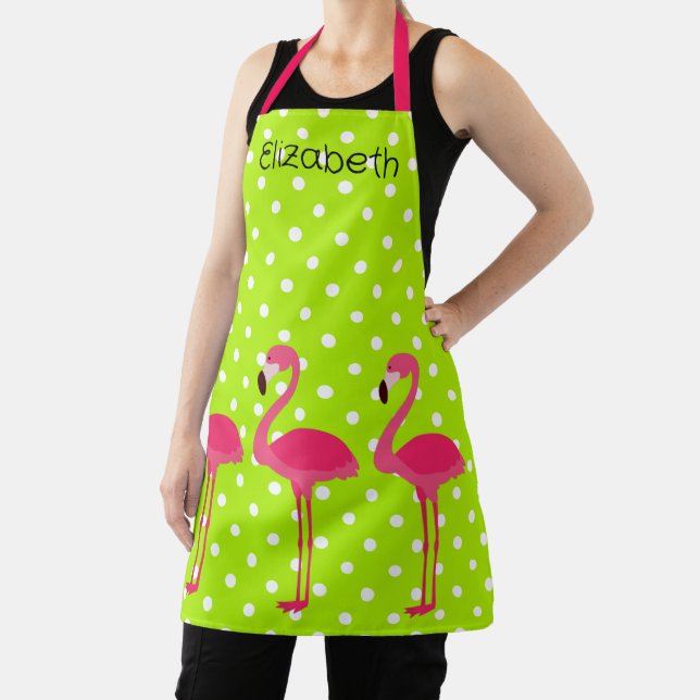 Tropical Pink Flamingos on Polka Dots Apron (Insitu)