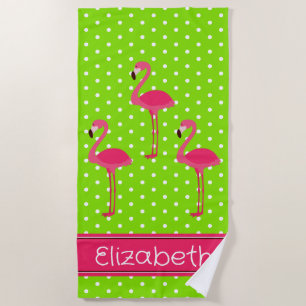 Tropical Pink Flamingos on Polka Dots Beach Towel